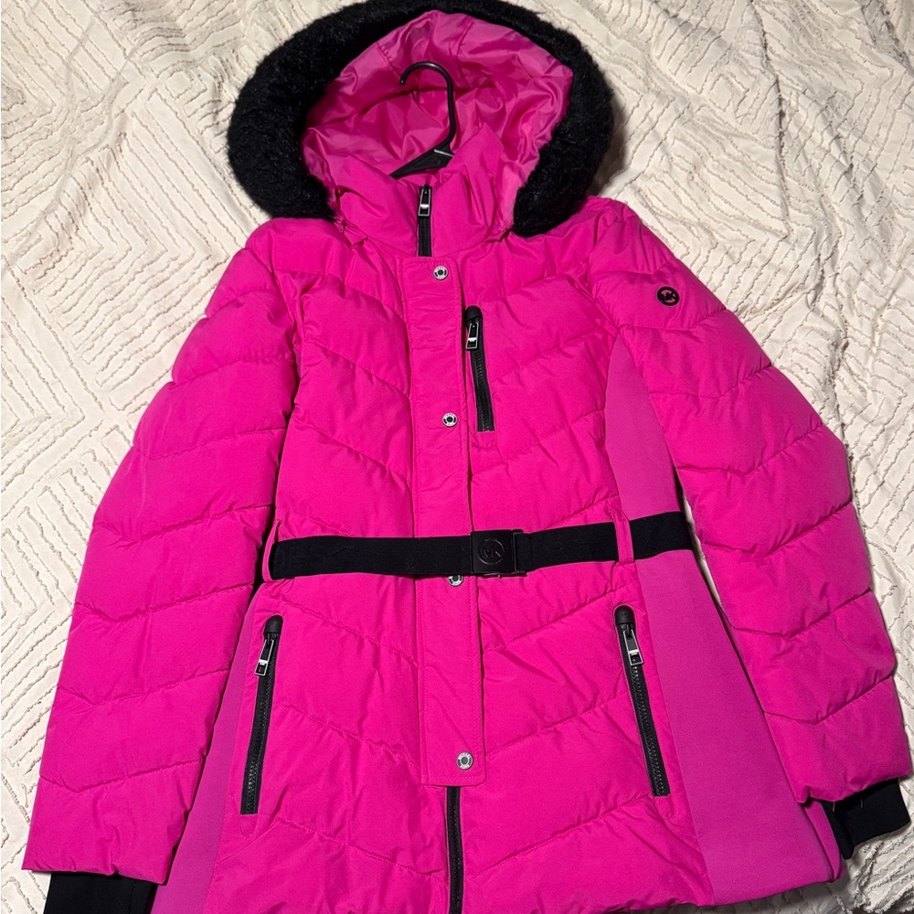 Michael Kors Hot Pink Belted Puffer Coat with Black Fur Hood